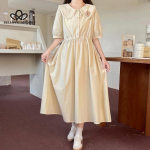 Kolledžistiilis Jaapani elegantne &otilde;huke nukukraega kleit, v&auml;ike platykodoni kleit, naiselik vabaaja suvine rannakleit S aprikoosi