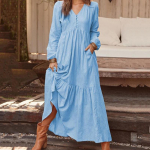 S&uuml;gis- ja talvine Euroopa ja Ameerika naiste puuvillane ja linane retro kleit pikkade varrukatega XXXL sinine