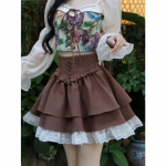 Kawaii Lolita seelik naistele s&uuml;gistalvine vintage k&otilde;rge v&ouml;&ouml;kohaga A-line pitspatchwork Bow Jaapani mood pruun miniseelik S pruun