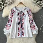 Camisa Feminina tikitud puhvis varrukatega etnilise stiiliga v&auml;rviline pluus naistele 2024 suve Camisas vintage naiste pluusid One Size