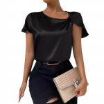 Naiste vabaaja elegantne satiinist plisseeritud &uuml;hev&auml;rviline lahtine peplum top naiste as&uuml;mmeetrilise kraega s&auml;rk L must