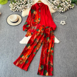 Fashion Plus Print POLO krae pikkade varrukatega top ja p&uuml;ksid Kaheosaline komplekt naistele suvine uus vabaaja salendav komplekt One size fits all