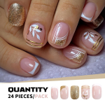 24-osaline s&auml;rav kuldne prantsuse manik&uuml;&uuml;ri k&uuml;&uuml;nekomplekt, l&uuml;hikesed ruudukujulised kunstk&uuml;&uuml;ned lehtede ja lainejoontega, sisaldab želee liimi ja k&uuml;&uuml;neviili YLW539