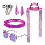 5 tk/komplekt Naiste ehete komplekt Litrikivist kujundus Vintage 60ndate 70ndate diskopidu soosib Cosplay k&otilde;rvar&otilde;ngaid p&auml;ikeseprillid k&auml;ev&otilde;ru peapaela salli komplekt h&otilde;be