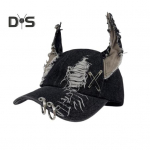Tume punk stiilis teksasest pesapallim&uuml;ts Reguleeritav Distressed Design Denim m&uuml;ts metallist r&otilde;ngastega 3D Bunny Ears t&auml;navar&otilde;ivaste aksessuaar B