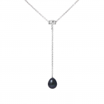 PERLINEA - Collier Cravate - Perle de Culture d'Eau Douce AAA+ - Poire 9-10 mm - Noire - Argent 925 Milli&egrave;mes - Bijoux Femme