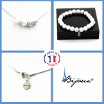 Pierres et Min&eacute;raux. Parure bijoux Bracelet Collier 4 perles Howlite 8 mm. Chaine en acier Taille personnalisable.