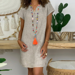 Moodne naiste avar V-kaelusega suvine soliidne l&uuml;hikeste varrukatega puuvillane ja linane kleit L