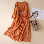 Naiste Lahtine Vintage Puuvillane Linane Kleit Etniline Stiil Tikandiga Midi Kleit XXXXL oranž