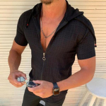 Uus Summer Fashion meeste l&uuml;hikeste varrukatega &uuml;hes t&uuml;kis kapuutsiga lukuga T-s&auml;rk L must