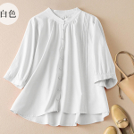 Women's Solid Color Cotton Linen five quarter sleeved Retro Breathable T-Shirt Stand Up Collar Top L