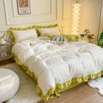 Valge volangidega seersucker &uuml;hekohaline/kahekohaline tekikottide komplekt 3/4 tk pehme roheline, roosa, hall voodipesukomplekt voodilina ja padjap&uuml;&uuml;ridega Flat Bed Sheet&Twin Size 3pcs