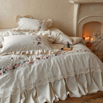 Prantsuse pastoraalne printsessi tikitud puuvillase linase tekikoti komplekt, 4-osaline 1.5M Flat Sheet (Duvet 200x230CM)