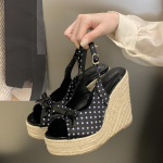 Aneikeh suvised paksu tallaga rohuga kootud k&otilde;rged kontsad vabaaja retro Rooma sandaalid Polka Butterfly-kont kiiluplatvormiga naiste sandaalid 35 must