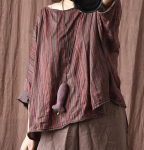 Johnature Naiste kootud puuvillased Ts&auml;rgid Triibulised topid Suvised lahtised seitsme varrukaga riided Naiste vabaaja T-s&auml;rgid One Size punane