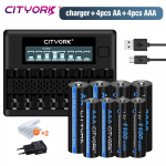 CITYORK 1,2 V AA + AAA laetav aku AA AAA NI-MH laetavad akud + 8 pesa 1,2 V AA AAA akulaadija must