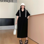 MODIQUE suvine suur uus kleit-s&auml;rk Naiste avar puuvillane linane soliidne t&auml;navariietus kleit vabaaja naiste kleidid POLO l&uuml;hikeste varrukatega must XL must