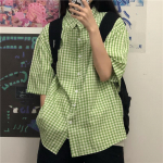 Jaapani Harajuku ruuduline s&auml;rk Suur naiste pluus l&uuml;hikeste varrukatega korea stiilis roheline top naiste preppy esteetiline mood S roheline