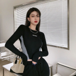 Korea stiilis mustad T-s&auml;rgid Naiste t&auml;navar&otilde;ivad Grunge vintage Kpop Crop Tops Naiste hip-hop Patchwork pikkade varrukatega T-s&auml;rgid S must