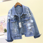 Kevadine naiste &otilde;huke tikitud lilledega pikkade varrukatega teksajakk L sinine