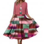 2 tk/komplekt Naiste mantlikleidide komplekt Poole varrukaga kardigan V kaelusega Colorblock Plaid Print Varrukateta A-kujuline avara &auml;&auml;risega kleidi komplekt ballile Midi kleit M roosa