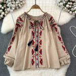 Camisa Feminina tikitud puhvis varrukatega etnilise stiiliga v&auml;rviline pluus naistele 2024 suve Camisas vintage naiste pluusid One Size