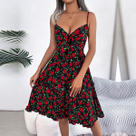 Naiste kevadsuvi lilleline kikilips puidust k&otilde;rva&otilde;&otilde;nsusega A Line &scaron;ikk tr&uuml;kitud rihmaga kleit XL must