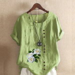 Naiste moodne &uuml;mara kaelusega l&uuml;hikeste varrukatega T-s&auml;rk vabaaja puuvillane linane graafiline s&auml;rk vaba aja lilledega prinditud suvepluusid S roosa