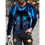 3D Wolf Pattern Print Crew kaelusega pikkade varrukatega aktiivne T-s&auml;rk &ndash; mugav vabaaja s&auml;rk kevadsuveks s&uuml;giseks &ndash; meeste graafilise disainiga r&otilde;ivatopsid M sinine