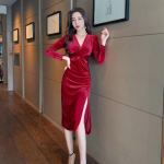 YYFS Naiste moe kevads&uuml;gise &uuml;hev&auml;rvilised kleidid pikkade varrukatega V-kaelusega k&otilde;rge v&ouml;&ouml;kohaga vabaajakleidid S punane