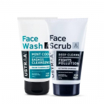 Ustraa Face Wash - Mint Cool - For Dry to Normal Skin - 100g | Reduces Moisture Loss & Activated Charcoal Face Scrub - 100g