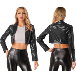 Naiste PU kunstnahast pikkade varrukatega jakid Slim Fit peomantel Naiste moodne nahktagi tantsukost&uuml;&uuml;m 3XL must