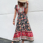 Naiste vintage Bohemia Fashion suvised lillemustriga l&uuml;hikeste varrukatega V-kaelusega vabaajakleidid XL roheline