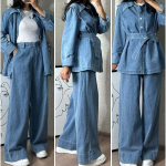 Denim p&uuml;ksikomplekt naistele Kaksosalised komplektid Mahak&auml;&auml;natav krae Mom-p&uuml;ksid K&otilde;rge v&ouml;&ouml;koht V&ouml;&ouml;ga Topid Laiad Pikad P&uuml;ksid K&otilde;rge v&ouml;&ouml;koht Sobivad komplektid M sinine