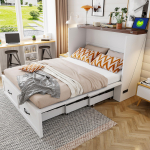 Kokkupandav voodi 140 x 200 cm, V&auml;ljat&otilde;mmatav voodiraam hoiuruumiga, Euroopa standardi pistikupesa, Metallraam, Madala m&uuml;ratasemega rattad, Valge 206 x 144.5 x 111 cm valge