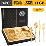 24-osaline roostevabast terasest s&ouml;&ouml;giriistade komplekt Kodu Hotell S&ouml;&ouml;gilork Nuga Lusikas Kullas Roosa Mustas Flip Lid Box Gold 24 PCS yellow