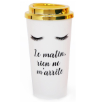 Les Tr&eacute;sors De Lily [R0927] - Mug de transport plastique 'Diva - Yeux Endormis' blanc dor&eacute; (Le matin- rien ne m'arr&ecirc;te) - 17. 5x7 cm (350 ml) valge