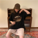 Naiste puuvillane T-s&auml;rk suvine lahtised l&uuml;hikeste varrukatega Ameerika vintage Design Sense Print poolvarrukatega topid S must