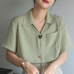 Moodsad prantsuse V-kaelusega naiste s&auml;rgid 2023 kontorinaiste l&uuml;hikeste varrukatega suvine naisepluus Elegantne naiste riietus Blusas 28094 S heleroheline v&auml;rv