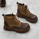 Johnature Vintage k&auml;sitsi valmistatud ehtsast nahast paksu tallaga l&uuml;hikesed saapad, &uuml;mmarguse varbaga, n&ouml;&ouml;riga platvormkingad 35 khaki