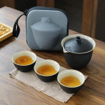 Keraamiline Reisitee komplekt Sisaldab 1 Kannu 3 Teekuppi, Kvaliteetne Elegantne Gaiwan, Kaunis Lihtne Teekann, Kung Fu Teekomplekt Tass Zen Wind Black