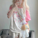 Kawaii Rabbit Graafilised roosad T-s&auml;rgid Naiste Jaapani Y2k stiilis armsad multifilmi T-s&auml;rgid Harajuku armsad l&uuml;hikeste varrukatega topid suvised S roosa