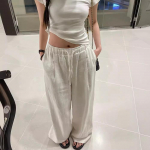 Deeptown Valged P&otilde;hilised Linased Naiste P&uuml;ksid Elastse V&ouml;&ouml;kohaga Harajuku Korea Mood Baggy P&uuml;ksid Naiste &Otilde;hukesed &Uuml;lem&otilde;&otilde;dulised Vabaaja Suvised L valge
