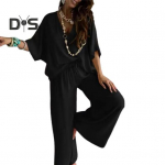 2 tk/komplekt naiste suvine V-kaelus Batwing poolvarrukatega topsid k&otilde;rge v&ouml;&ouml;kohaga elastne v&ouml;&ouml;koht laia s&auml;&auml;rega pikad p&uuml;ksid &uuml;hev&auml;rvilised vabas vormis vabaaja riietus M sinine