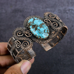 Tibetan Turquoise Gemstone Handmade Copper Wire Wrap Cuff Bangle Adjustable z7o70