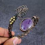Sage Amethyst Gemstone Handmade Copper Wire Wrap Cuff Bangle Adjustable w4u98