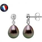 PERLINEA - Boucles d'Oreilles Drop - V&eacute;ritables Perles de Culture de Tahiti - Poires 8-9 mm - Argent 925 Milli&egrave;mes - Bijoux Femme