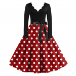 Naiste vabaaja mood V-kaelusega pikkade varrukatega retro t&auml;pilise mustriga retro kleit XL veini