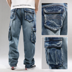 Meeste Ameerika stiilis hip-hopi mitmetaskulised laia s&auml;&auml;rega t&ouml;&ouml;riided teksad pluss suurus 38 helesinine v&auml;rv