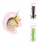 Kit pour biscuit en relief Licorne + 2 Stylos au chocolat marron et vert clair